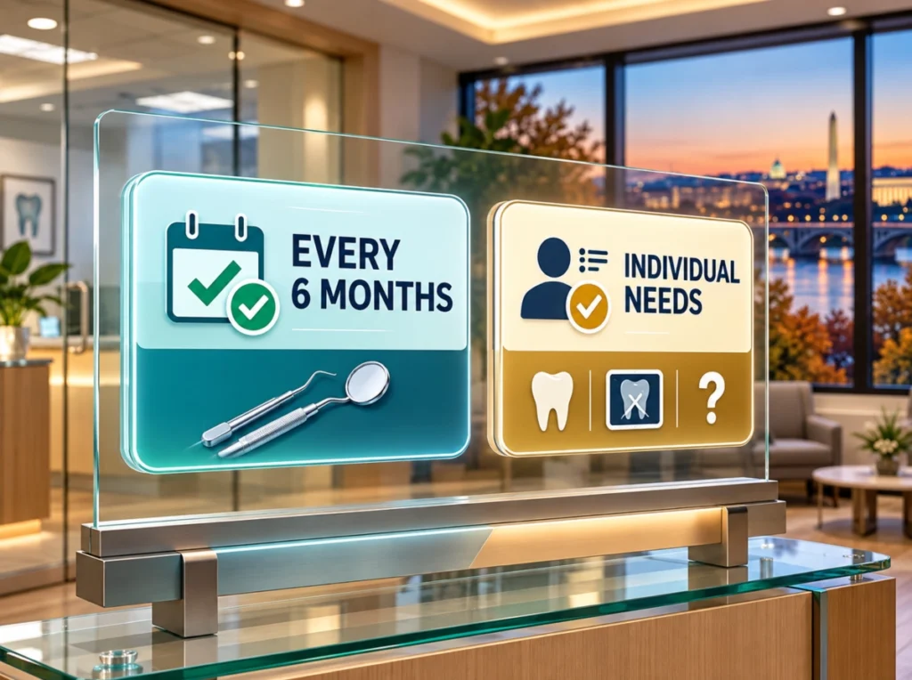 Adults Dental Check-ups An infographic element, prominently featuring two calendar icons or checkmark boxes.