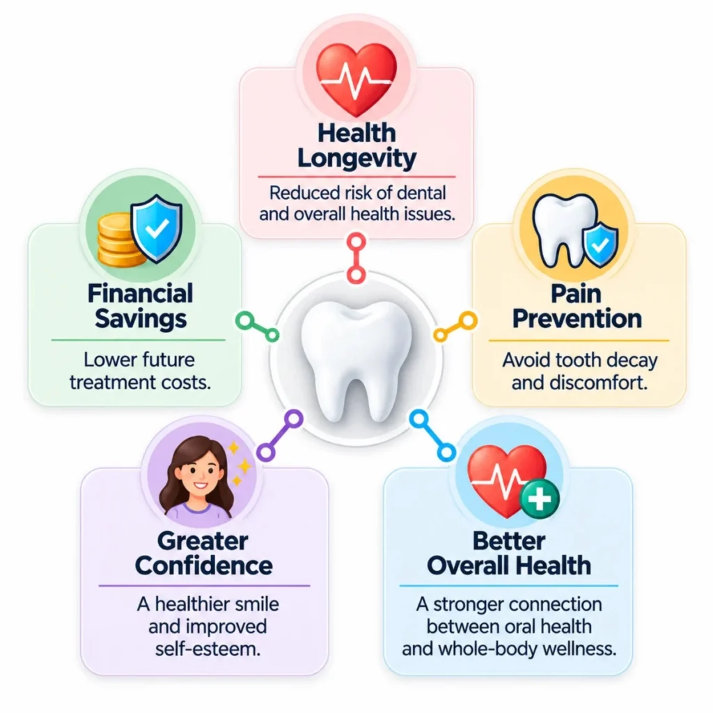 Benefits of Preventive Care Infographic detailing 'The Long-Term Benefits of Consistent Preventive Care.
