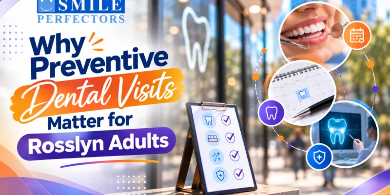 Promotional graphic featuring preventive dental care tips and circular image overlays.