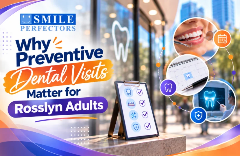 Promotional graphic featuring preventive dental care tips and circular image overlays.