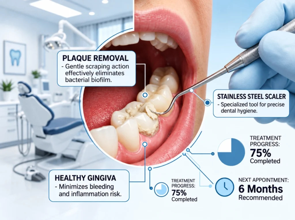 Cleanings & Exams A dental hygienist's instrument gently removing plaque from a tooth surface.