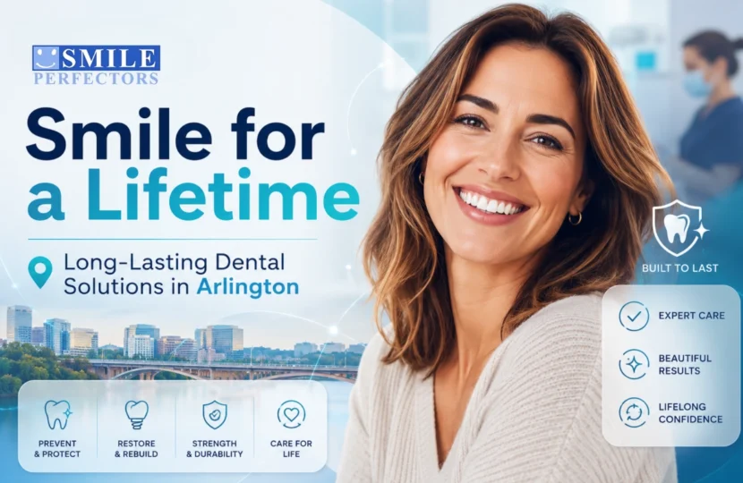 Woman with warm birght smile featuring a smile for lifetime amd long-lasting dental solutions