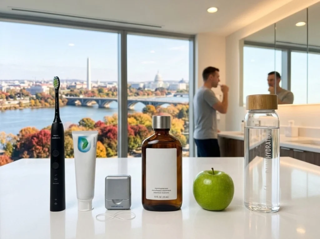 Maintaining Oral Hygiene An array of premium oral hygiene products and healthy lifestyle elements.