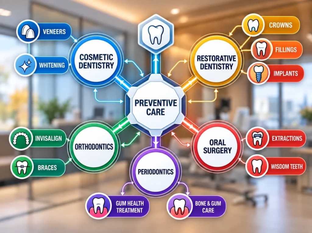 Oral Health Related Services Infographic illustrating a comprehensive 'Oral Health Journey' as a network of interconnected dental services.