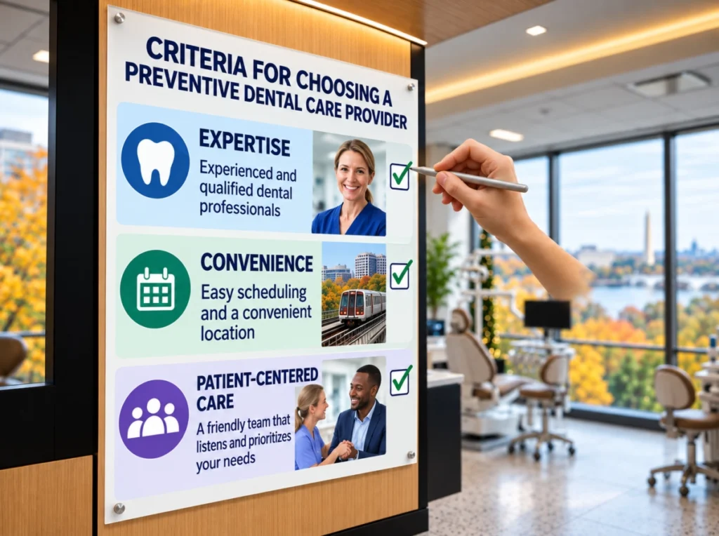 Preventive Dental Care Provider A visual checklist presentation of key criteria for 'Choosing a Preventive Dental Care Provider'.