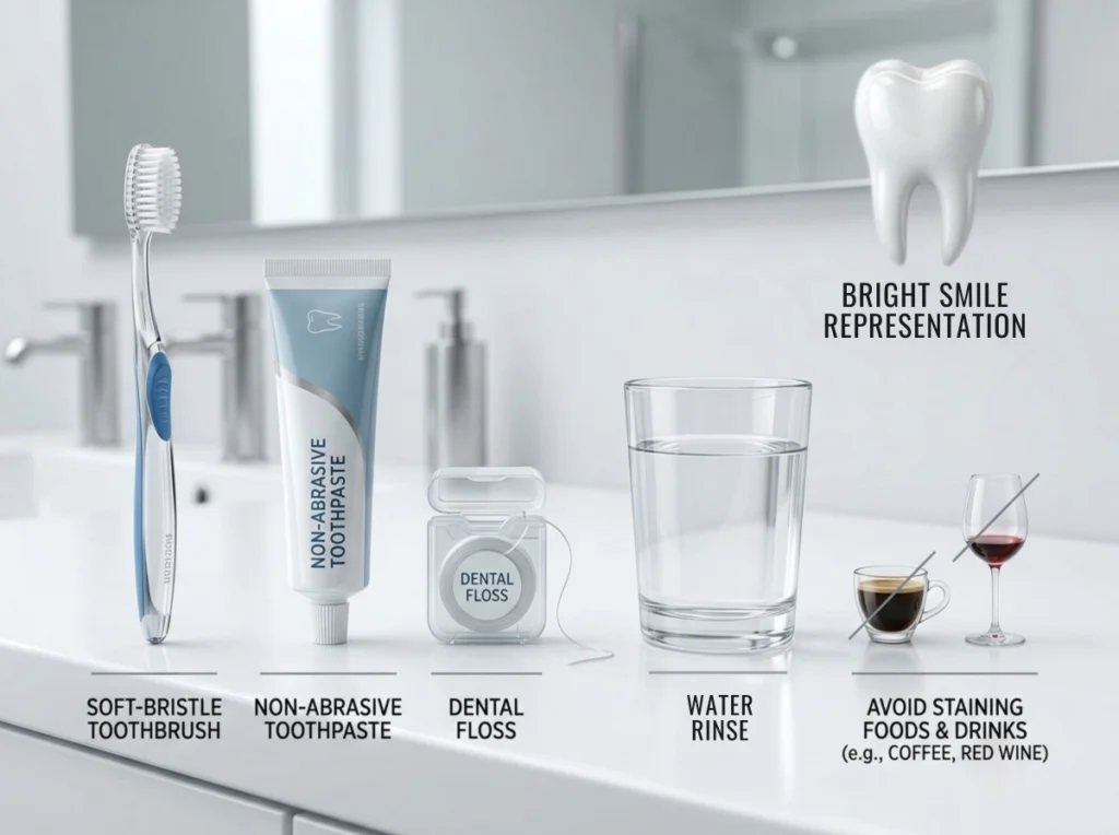 Aftercare A meticulously arranged visual checklist of oral hygiene products and practices for post-teeth whitening care.