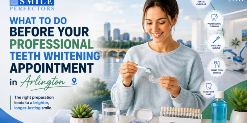 Smiling woman holding a toothbrush and whitening tray beside dental preparation tips and graphic text.