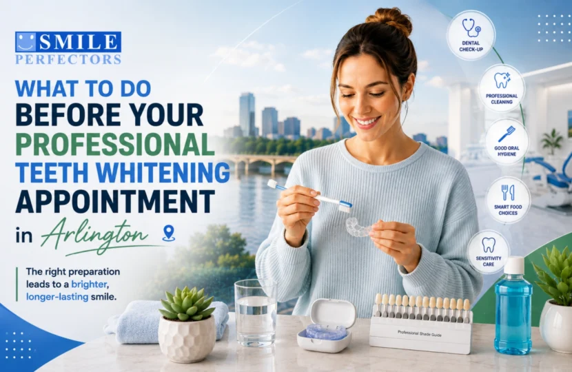 Smiling woman holding a toothbrush and whitening tray beside dental preparation tips and graphic text.