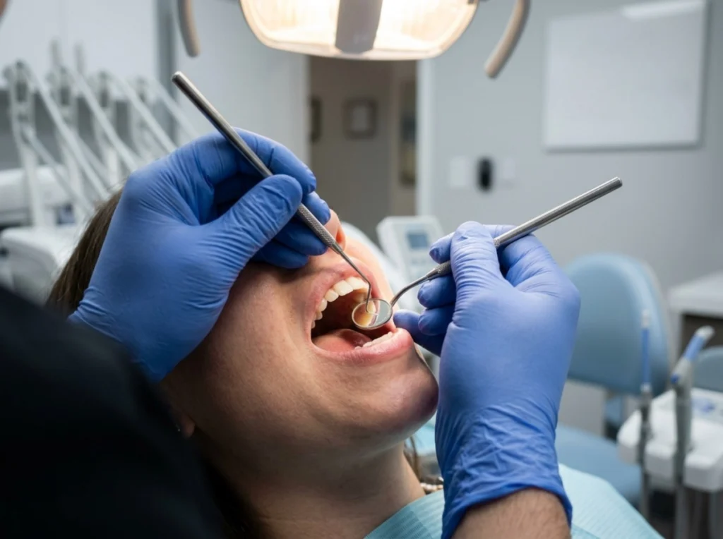 Dental Check-up Close-up of a dentist's hands, gloved, gently examining a patient's open mouth with a small dental mirror and probe.