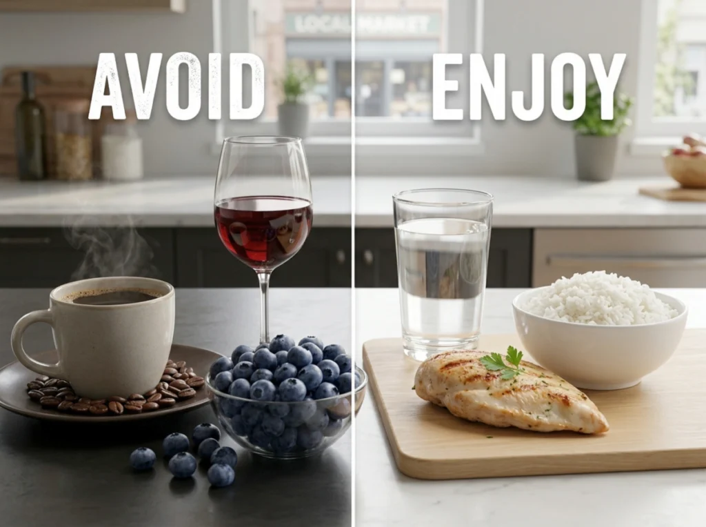 Dietary Considerations A split image showing 'avoid' items on one side and 'enjoy' items on the other.