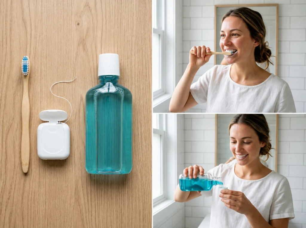 Oral Hygiene Split image showing dental care products and a woman brushing teeth and pouring mouthwash.