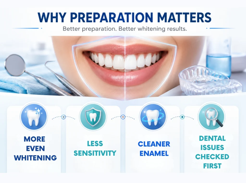 Preparation Infographic highlighting tooth whitening preparation benefits with a close-up of a bright smile.