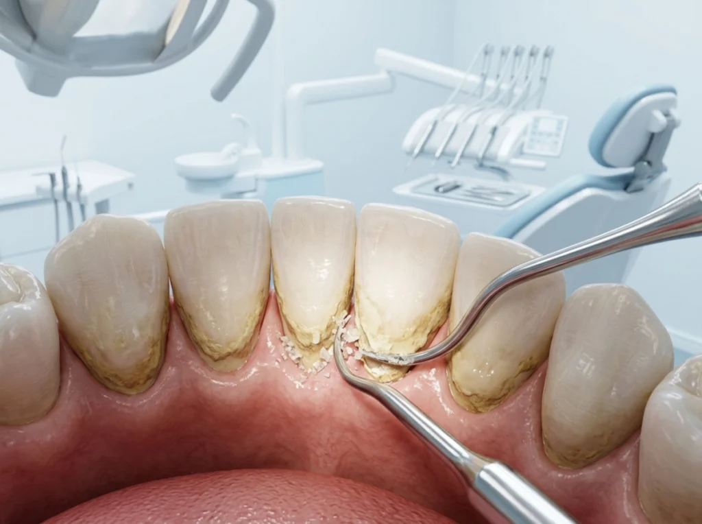 Professional Dental Cleaning 3D illustration of teeth being professionally cleaned, with a dental scaler removing plaque and tartar.