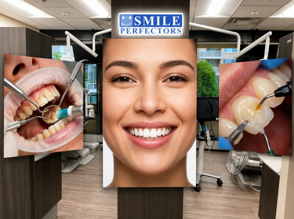 Related Services Collage showing dental cleaning procedures, dental filling application, and a woman smiling brightly.
