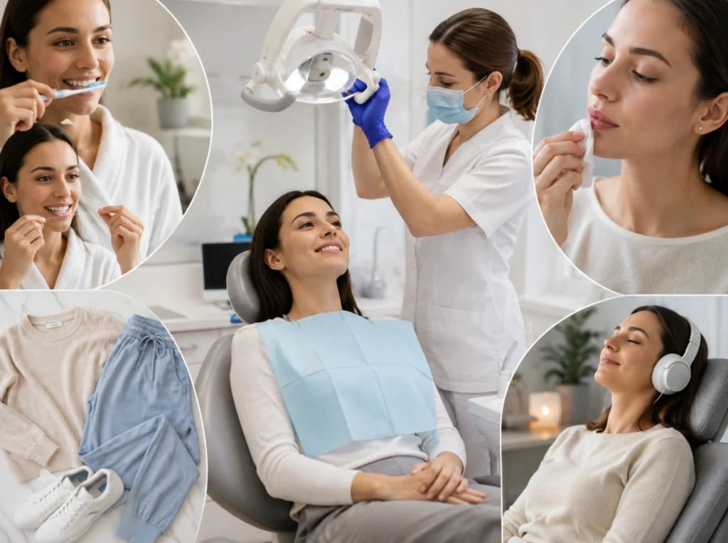 Whitening Appointment's Day Collage depicting dental care routines, patient comfort tips, and professional dental treatment preparations.