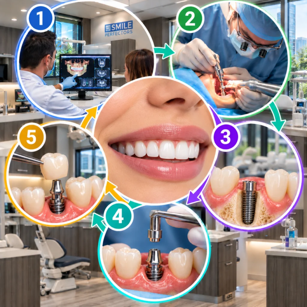 Infographic displaying five numbered steps of the dental implant procedure surrounding a bright smiling mouth.