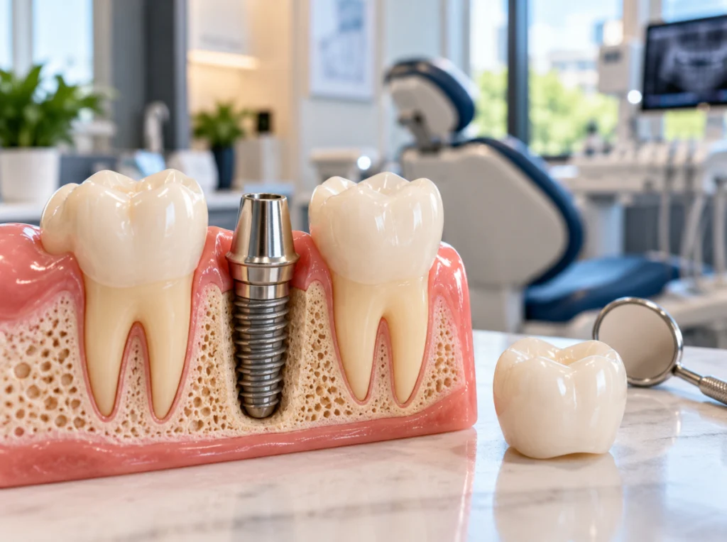 Dental implant model showing a titanium post embedded in jawbone between natural teeth.