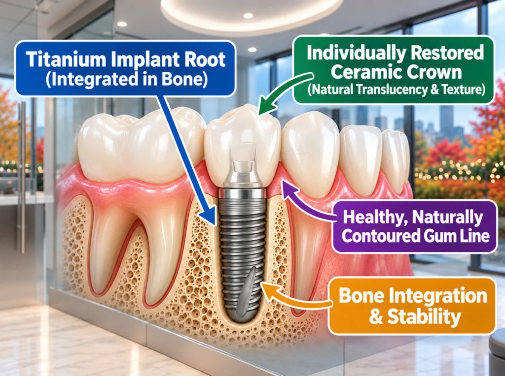 A visually 3D infographic illustration of a single dental implant seamlessly integrated into the jawbone.