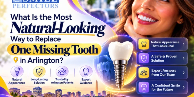 Promotional graphic for Smile Perfectors featuring a dental implant and city skyline in Arlington.