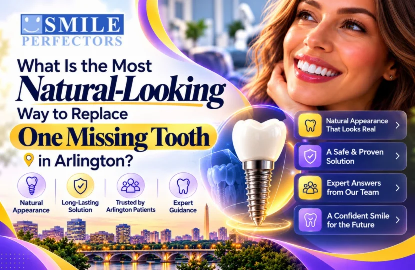 Promotional graphic for Smile Perfectors featuring a dental implant and city skyline in Arlington.