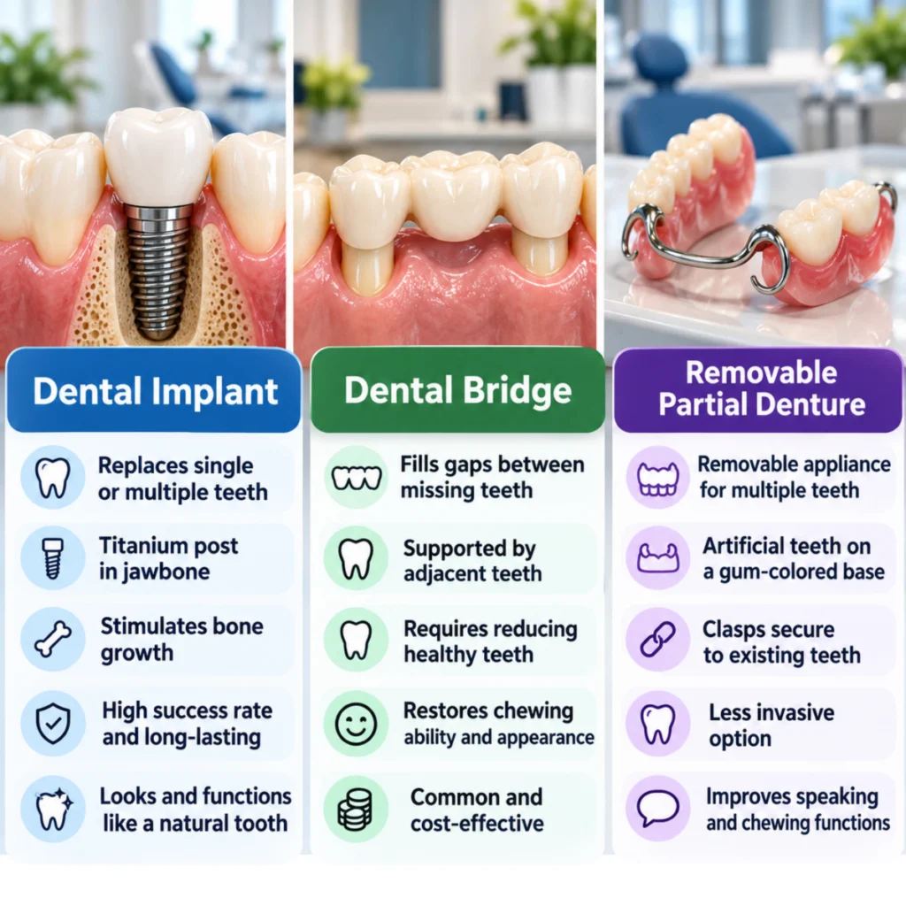 Infographic comparing dental implants, dental bridges, and removable partial dentures.