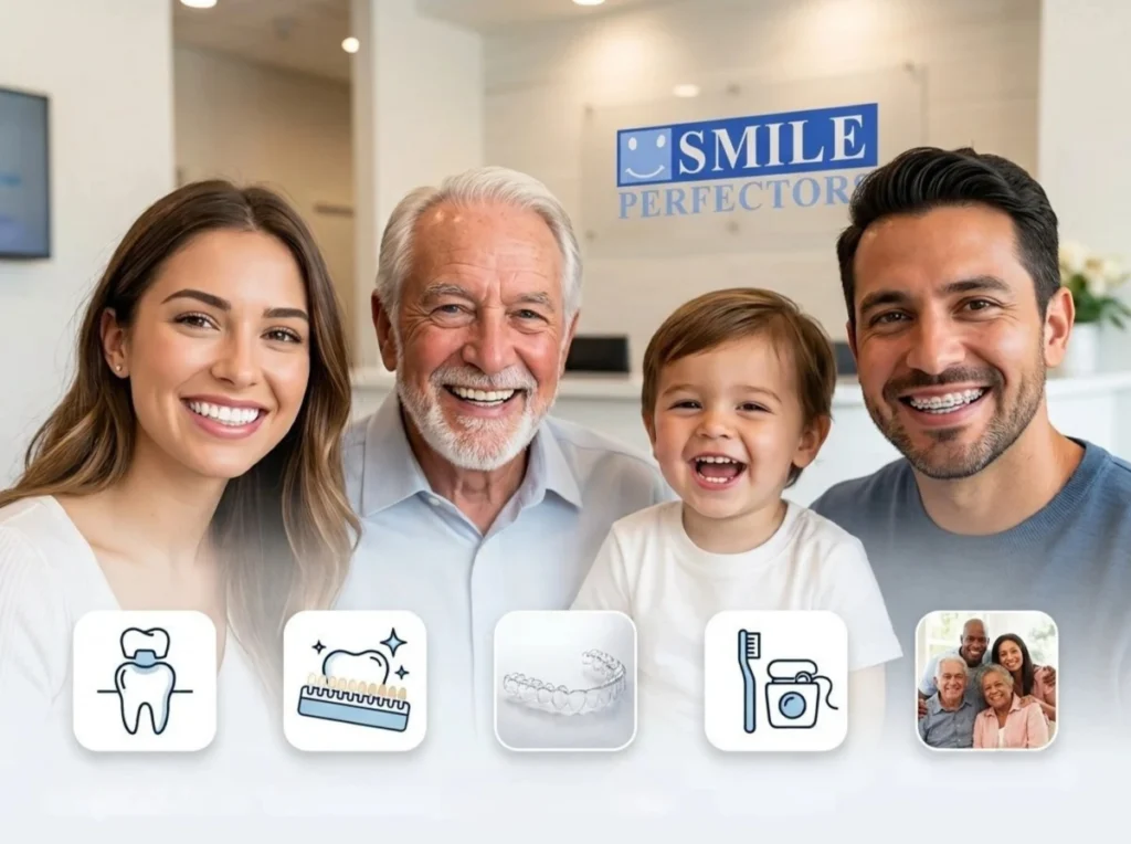 Multi-generational family smiling together with treatment icons below.