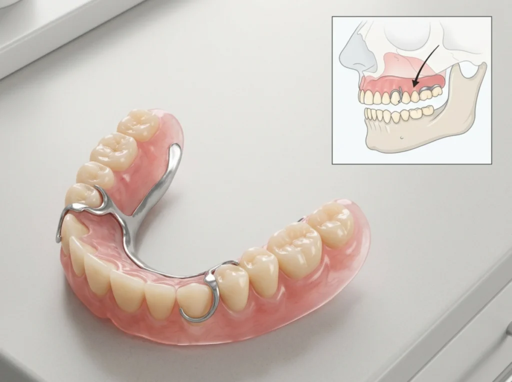 A clean, well-crafted removable partial denture resting on a hygienic surface.