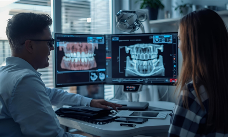 Dentist Showing 3D Scan on Monitor Screen to Patient
