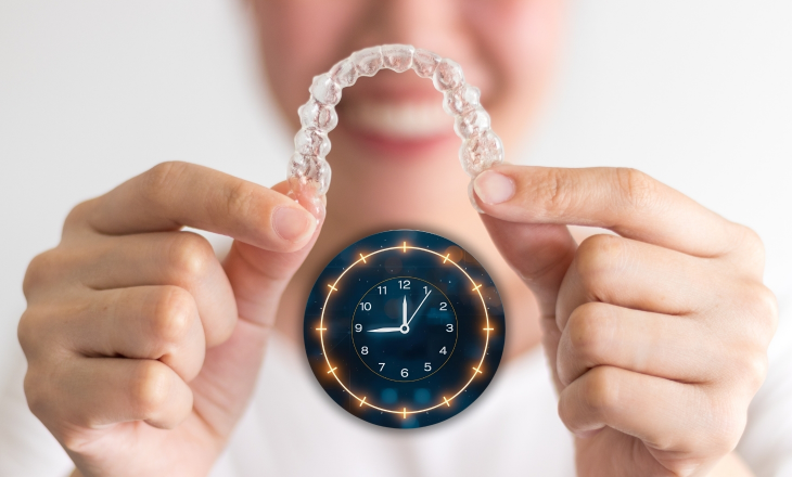 Smiling Woman Holding Invisalign Close up