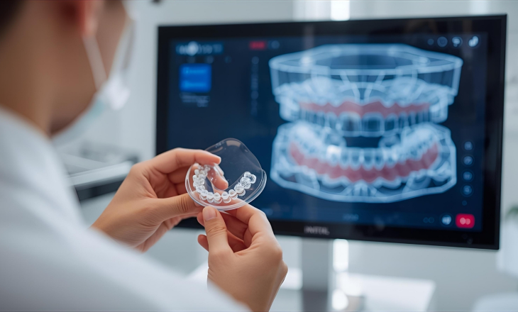 Dentist Holding Invisalign while Digital 3D Model on Screen