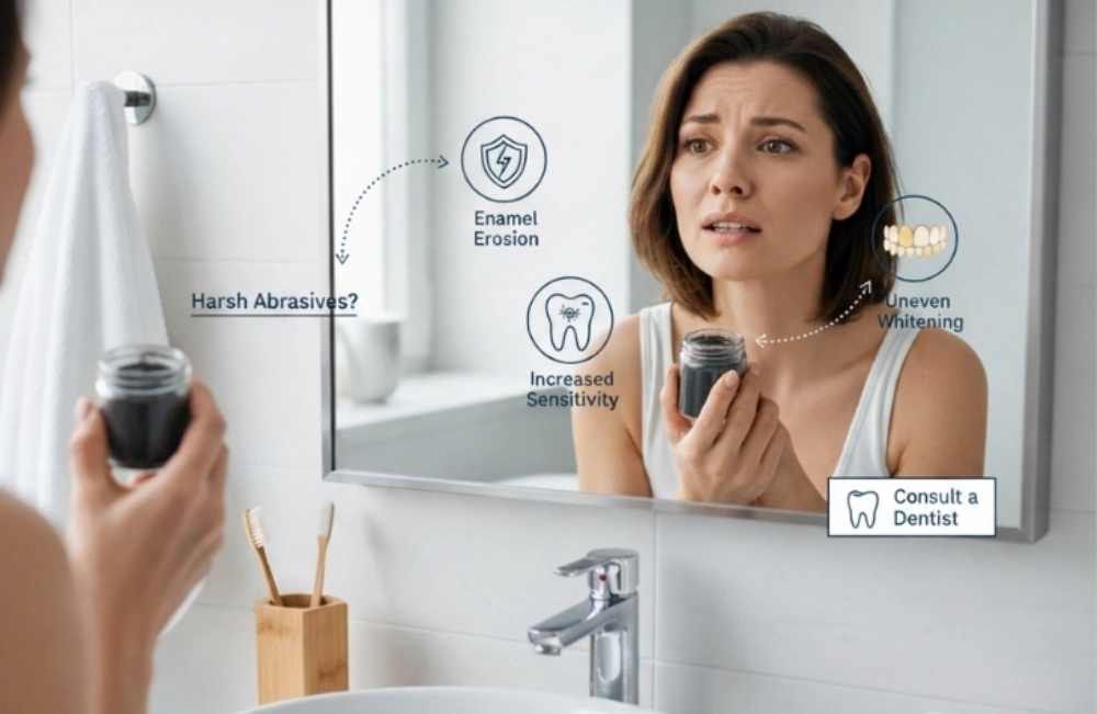 Charcoal whitening risks shown by woman