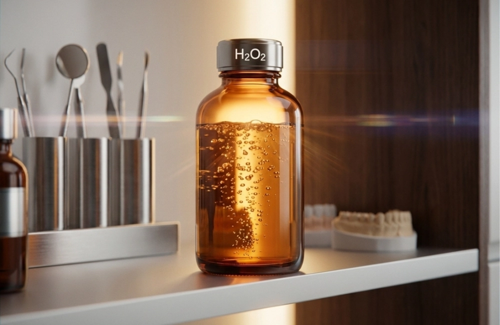 A glass apothecary bottle labeled 'H2O2'