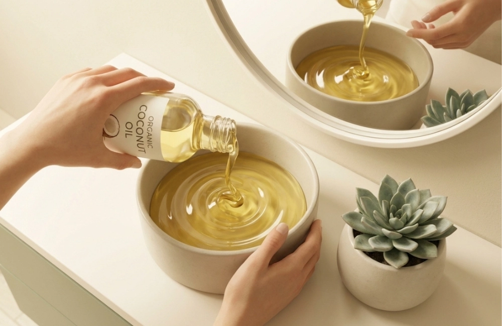 Woman with coconut oil buttle in hand