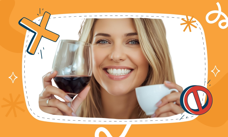 Stains on Crowns and Bridges Smiling Young Woman Holding Coffee and Red Wine