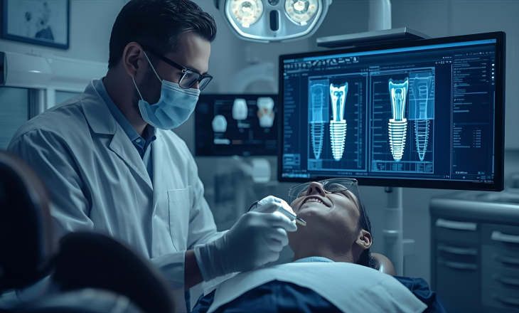 Dentist Sitting by Patient while Monitor Screen Beside Them