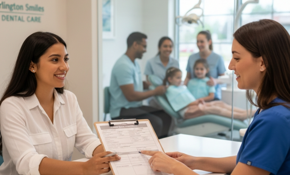 patient completing dental office paperwork