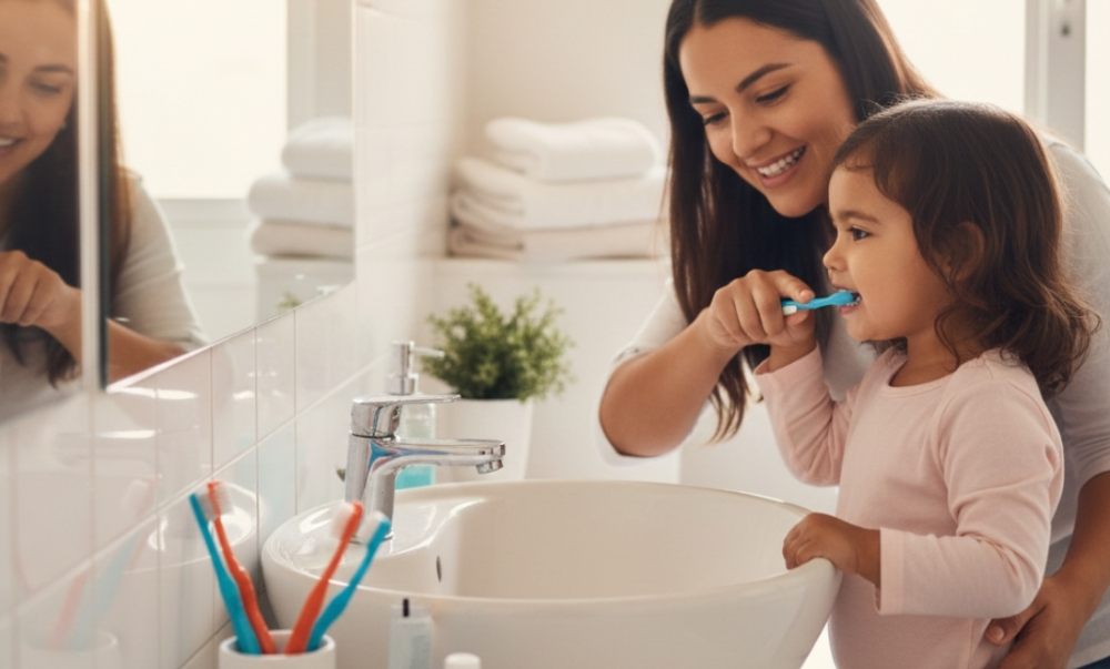 mother helping child brush teeth