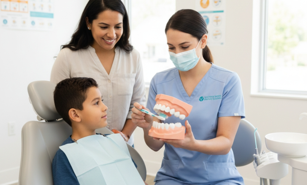 hygienist teaching child proper brushing