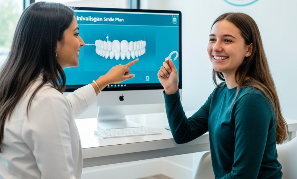 dentist discussing Invisalign smile plan