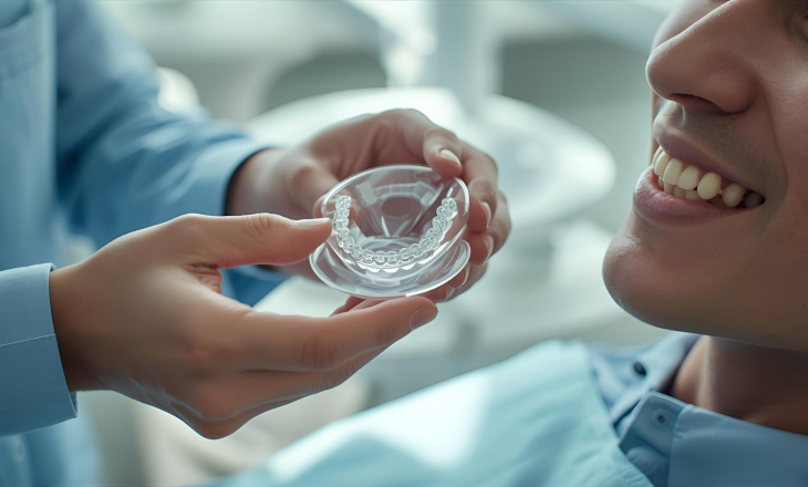 Dentist Holding Invisalign in Front of Patient Face