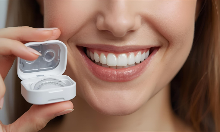 Woman Holding Invisalign Case with Confident Smile