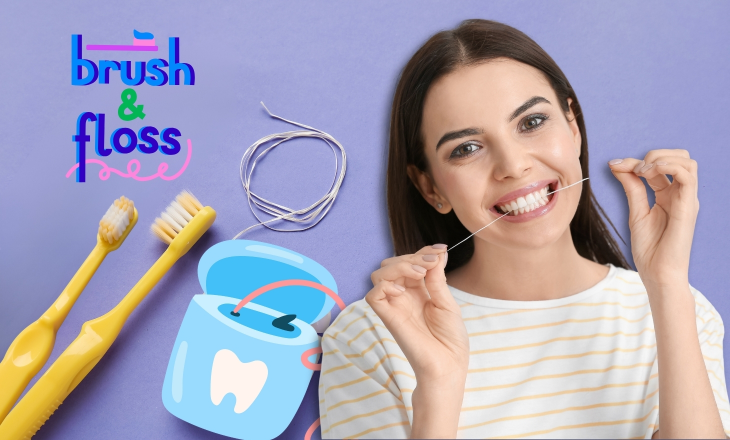 Brush and Floss Woman Flossing while Two Yellow Toothbrushes Nearby