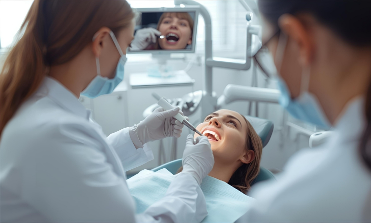 Patient in Dental Chair with Dentist Checking Teeth