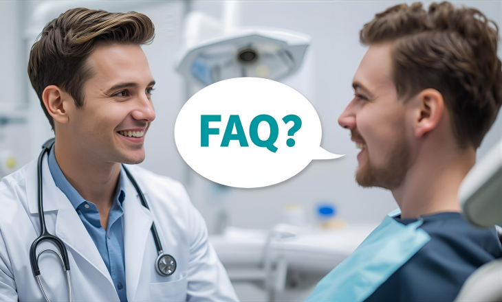 Dentist Talking to Patient with FAQ Icon Overlaid