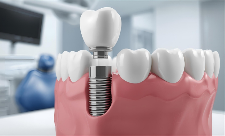 Dental Implant Model Showing Implant Screw, Abutment, and Crown