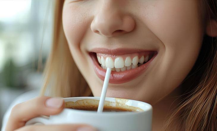 Smiling Woman Drinking Coffee Cup