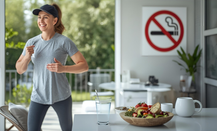 Happy Adult Exercising with no Smoking Sign in Background
