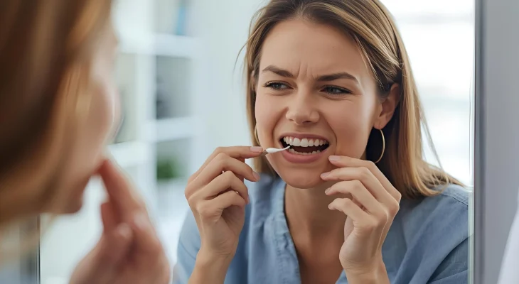 Woman Looking her Teeth in Mirror with Mild Discomfort