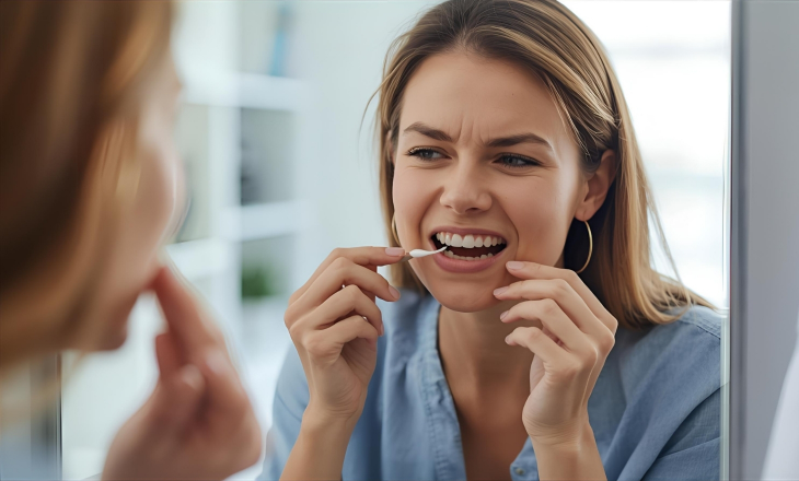 Woman Looking her Teeth in Mirror with Mild Discomfort