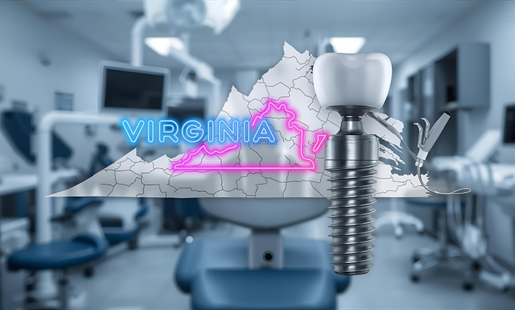 3D Dental Implant and Virginia Map over Dental Clinic